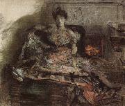 Mikhail Vrubel Arter the concert:nadezhda zabela-Vrubel by the fireplace wearing a dress designed by the artist oil